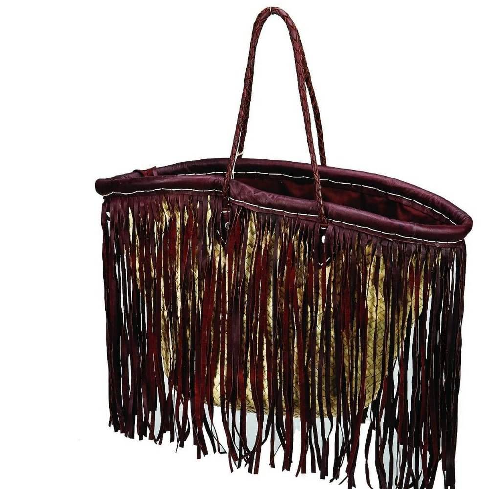 Straw & Leather Fringe French Market Basket Bag